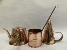 A copper funnel, a copper ladle with iron strap handle, 12cm diameter x 12.5cm high, and a copper