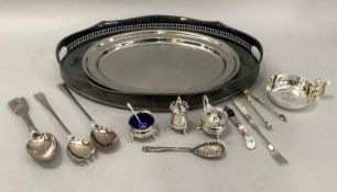A silver plated, two-handled galleried tray of oval outline, nut dish, pair of salad servers, pair