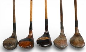 5x Various socket neck persimmon woods incl large head A Compston stripe top deep faced spoon,