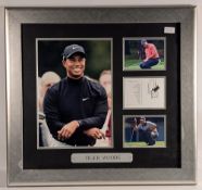 2004 Augusta Masters Golf Tiger Woods signed score card, with three Tiger Woods photographs