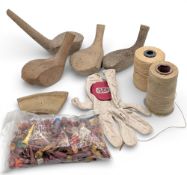 Period Golf Club Makers Thread Persimmon Head Blanks, horn offcut and a collection of wooden golf