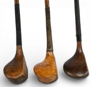 3x Small headed late scare neck woods incl a light stained brassie stamped H Dalton, and 2x brassies