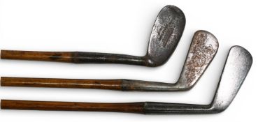 3x Assorted Golf irons a smf gutty ball mashie, another showing the Crescent moon and star mark, t/w