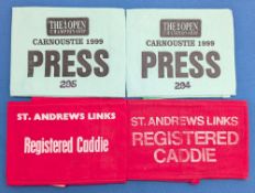 Collection of the Open 1999 Carnoustie Golf press armbands and two St Andrews registered caddy