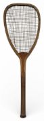 c1880 Flat Top wooden Tennis Racket, made in London, fine gut strings 69cm long, with a thin handle,