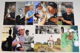 12x Golf Open Championship winners' hand signed photographs to include David Duval, Bob Charles,