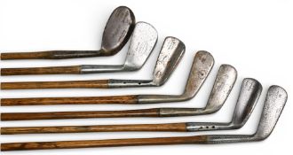 7x Assorted Golf irons incl c1895 R Forgan of St Andrews, showing the POWF mark mid-iron, Maxwell