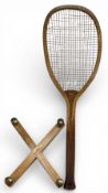c1896 G G Bussey Fantail 2 Tennis Racket, slightly lopsided as sold by Bussey, red gut strings, with