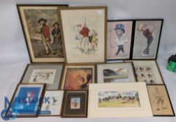 Golf Prints Engravings: a mixed collection to include Blackheath Coffers - man v women hand coloured