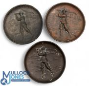 3x Joseph Walker Golf Pin Dishes embossed copper and plated circular ashtrays of a golfer, stamped