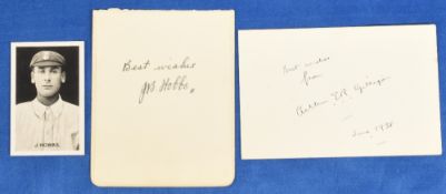 Cricket signatures and Card to include Jack Hobbs and Arthur Gilligan signatures and a Jack Hobbs '