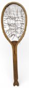 c1910 G G Bussey Tournament No.3 Fishtail wooden Tennis Racket, with worn gut strings, elongated
