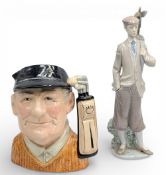 Royal Doulton Toby Jug Golfer 21.5cm tall, has a small chip to base with a Lladro golfer figurine,