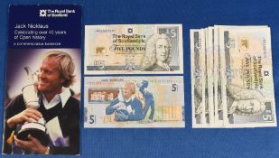 19x consecutive uncirculated Jack Nicklaus £5 notes, all in excellent condition