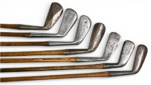 7x Assorted interesting Golf irons incl smf round backed cleek stamped A Forgan Glasgow, diamond