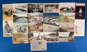 Vintage sport themed postcards: to include signed Pete Desjardins champion diver postcard, fishing