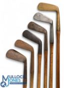 5x Assorted Golf irons t/w a brass straight blade putter, incl Special deep faced mashie, cleek