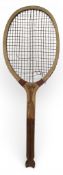 c1920 Darley Fishtail Wooden Tennis Racket, original gut string with wear, red shoulder strapping
