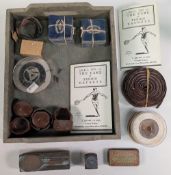 Period Tennis Racket Maker Restorer Accessories, a tin of Rees sports tape, leather butt caps,