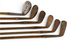 6x Assorted Golf irons in need of restoration - incl Maxwell flanged sole niblick, Trueline mussel