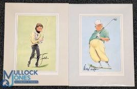 2x signed Golf Caricatures of Nick Faldo and Billy Casper, by artist Ireland - both mounted ready to