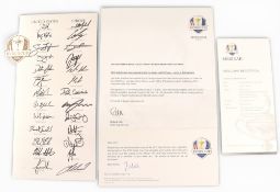 2012 Ryder Cup Medinah Welcome Dinner fully signed menu card: with good signatures Davis Love III,