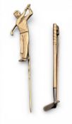 2x 9ct gold Golf Pin and Brooch, a golf figure in swing with pin and a golf club brooch/badge, 5g