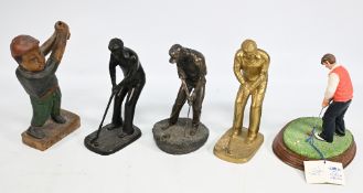 5x Golf Figures: brass, resin and wooden, two are brass, two resin, a resin Leonard collection