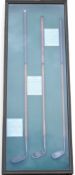 3x Reproduction Hickory Golf Club Display Cabinet featuring examples of a Water Niblick, The