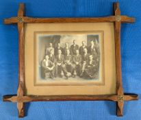 c1920 non-standard Indoor Bowling Team Photograph with trophy and unusual shaped skittles with