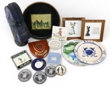 Golf Collectables: a mixed lot to include RIGS pennant/flag, framed golf tiles Ben Hogan and Old