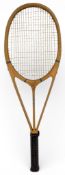 Hazell`s Streamline Blue Star Wooden Tennis Racket, good strings and transfers - tape loose around