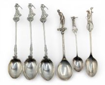6x Various period silver hallmarked Golf Teaspoons - to include golf figures male and female and a