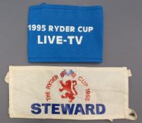 1965 & 1995 Ryder Cup Official Arm Bands, a 1965 Steward cloth arm band, and a later 1995 Live TV