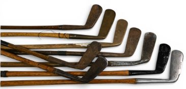 8x Assorted Golf putters incl Wallace of Glasgow straight blade metal head, unnamed long head