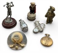 Golf themed Collectables: pocket watch, small clocks, brass golf figure, Merlin pewter golf