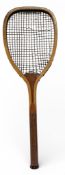 c1885 The Veteran flat top wooden Tennis Racket. Original strings, five rows of trebling throat