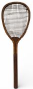 c1880 Flat Top wooden Tennis Racket, unknown maker with early rounded handle grip, five rows of