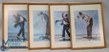 Set of 4x Golfer Clowns in light wooden frames - size #37cm x 50cm