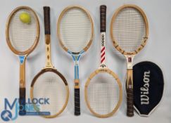 Collection of assorted signature endorsed wooden Tennis Rackets: a good collection of five