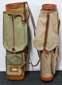 2x Golf Bags - in canvas and light leather trip, both with hoods, pockets, pouches and shoulder