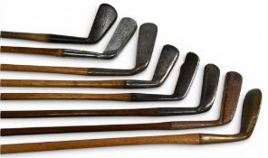 8x Assorted Golf irons and putters to incl Brown Vardon style brass head mallet head putter (bent