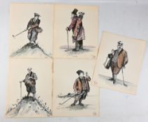 Collection of 13 period Golf Caricatures by P Hobbs: original pen and ink drawings with wash and