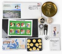 Golf Collectables: a good mixed lot to include a set of gilded master golfer buttons, Bank of