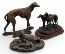 3x Gray Hound Whippets - resin bronze effect figures - one by Purbeck Designs -largest 21cm tall,
