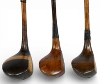3x Socket neck woods incl JC Smith special brown stained brassie, Anderson and Blyth small head dark
