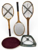 2x Period wooden Tennis Rackets with Press, to include a good Eclipse racket, original strings