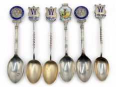 6x Various period silver and enamel Golf Teaspoons - to include duplicates -Shrewsbury Diamond
