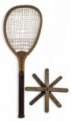 Unnamed French Lopsided Speciale wooden Tennis Racket c1890, 14 with gut strings in good
