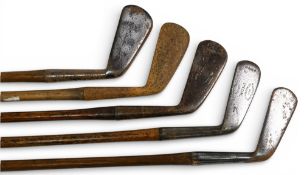 5x Assorted Golf irons incl Tom Stewart driving iron, Auctherlonie St Andrews jigger, 3x smf irons